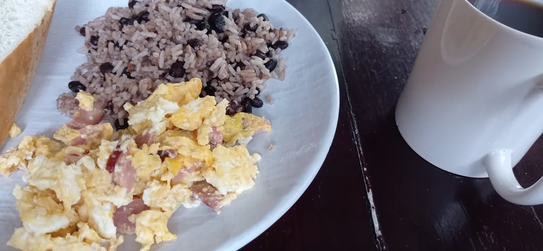 Breakfast with gallo pinto and eggs in Costa Rica